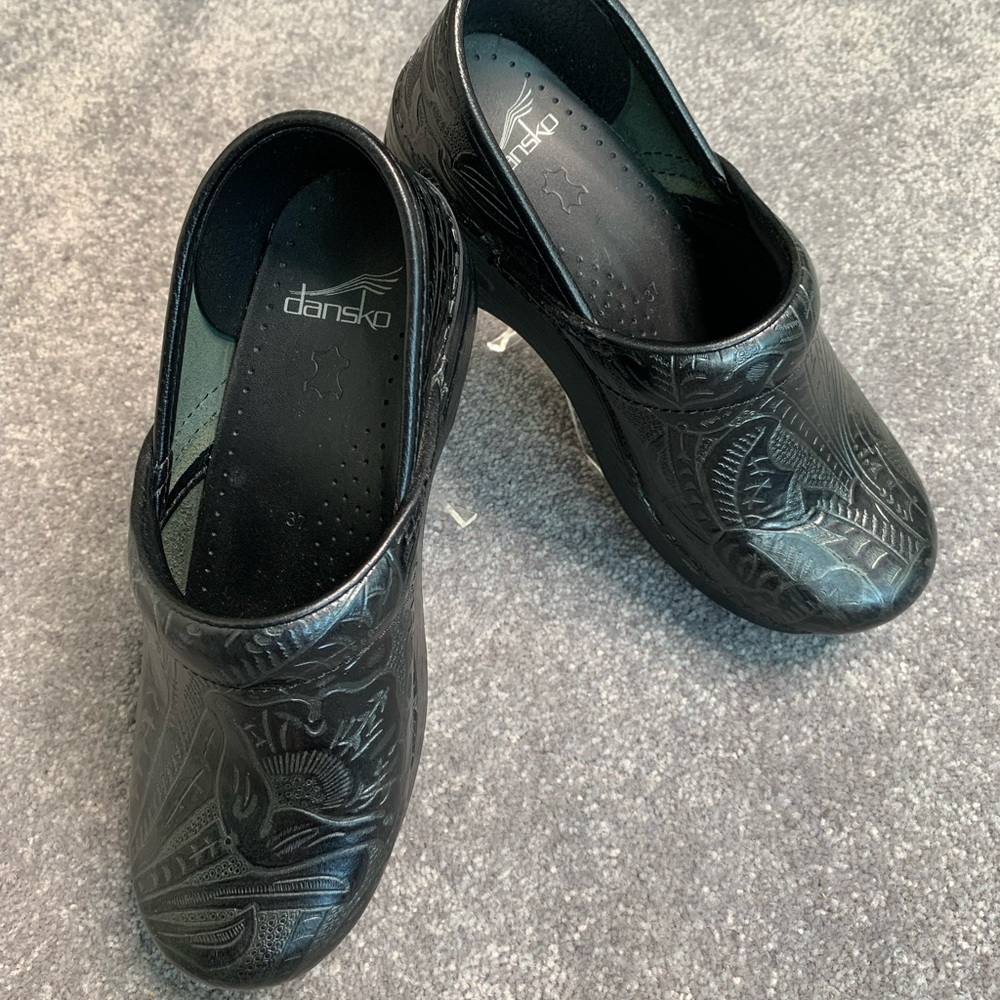Dansko Professional Black tooled leather clogs